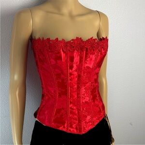 Red Floral Structure Satin Silk Lace Corset Top with Boning and Cinch Back